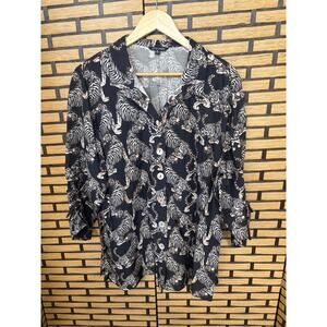John Mark Black Animal Print Button Down Ruched Sleeve Top Size XL
